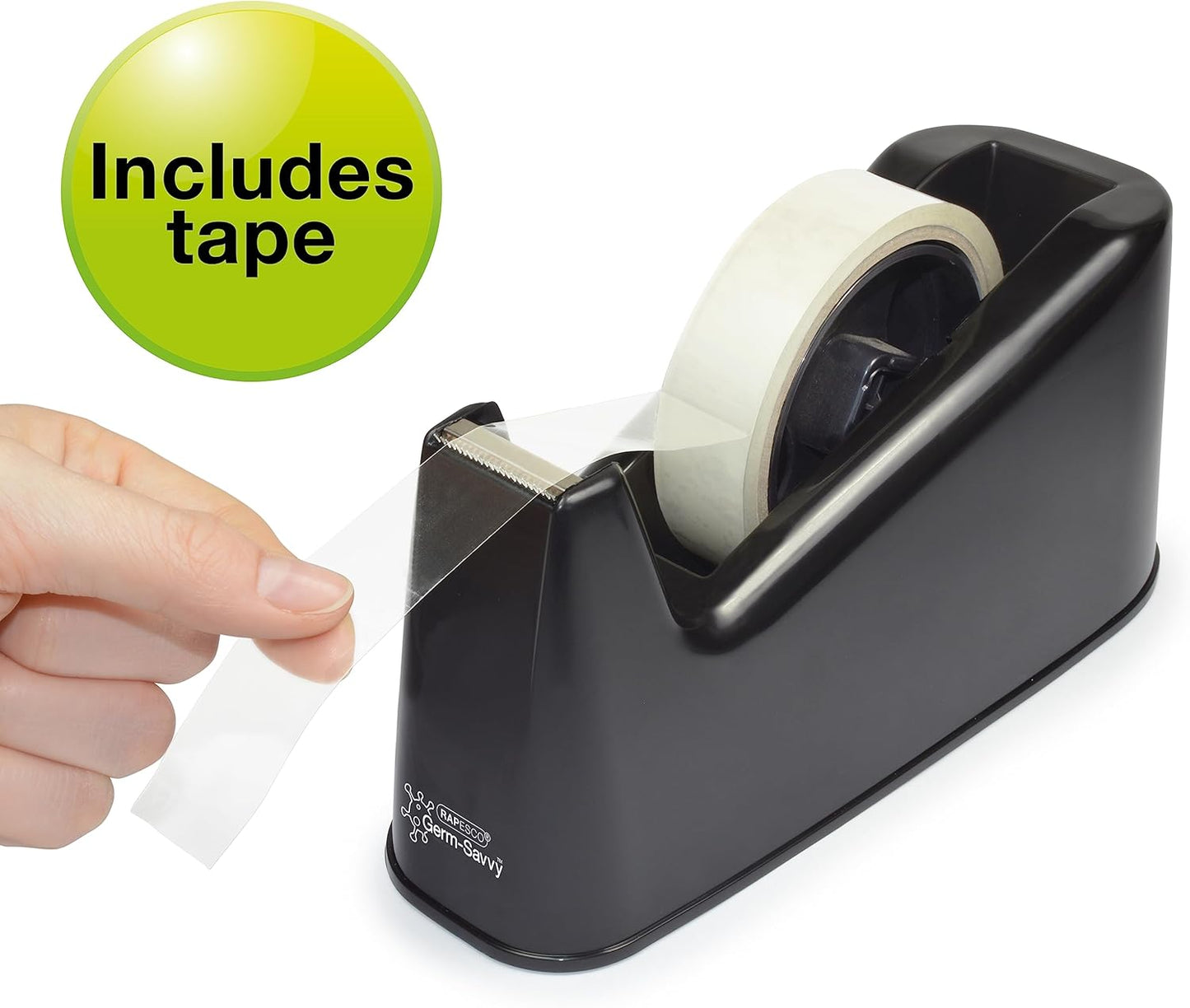 Rapesco 1740 Business Pack: 3 Germ-Savvy Antibacterial 500 Heavy-Duty Tape Dispensers and 3 Clear Tape Rolls, Black