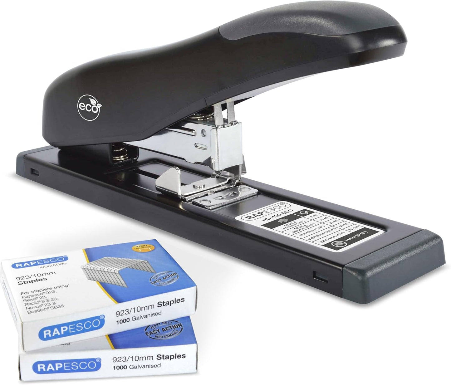 Rapesco 1307 ECO HD-100 Heavy-Duty Stapler with 2000 Type 923/10mm Staples, 100 Sheet Capacity, Black