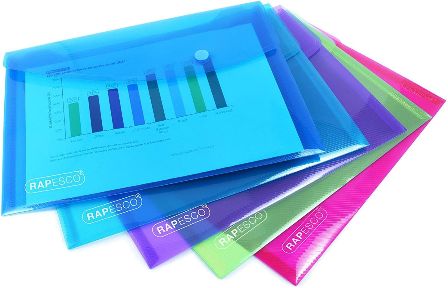 Rapesco 0689 Popper Wallets, A5, Assorted Transparent Colours, Pack of 5