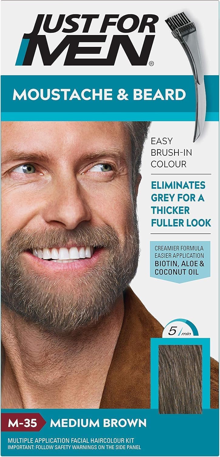 Just for men Moustache & Beard Medium Brown Dye, Eliminates Grey for a Thicker & Fuller Look – M35