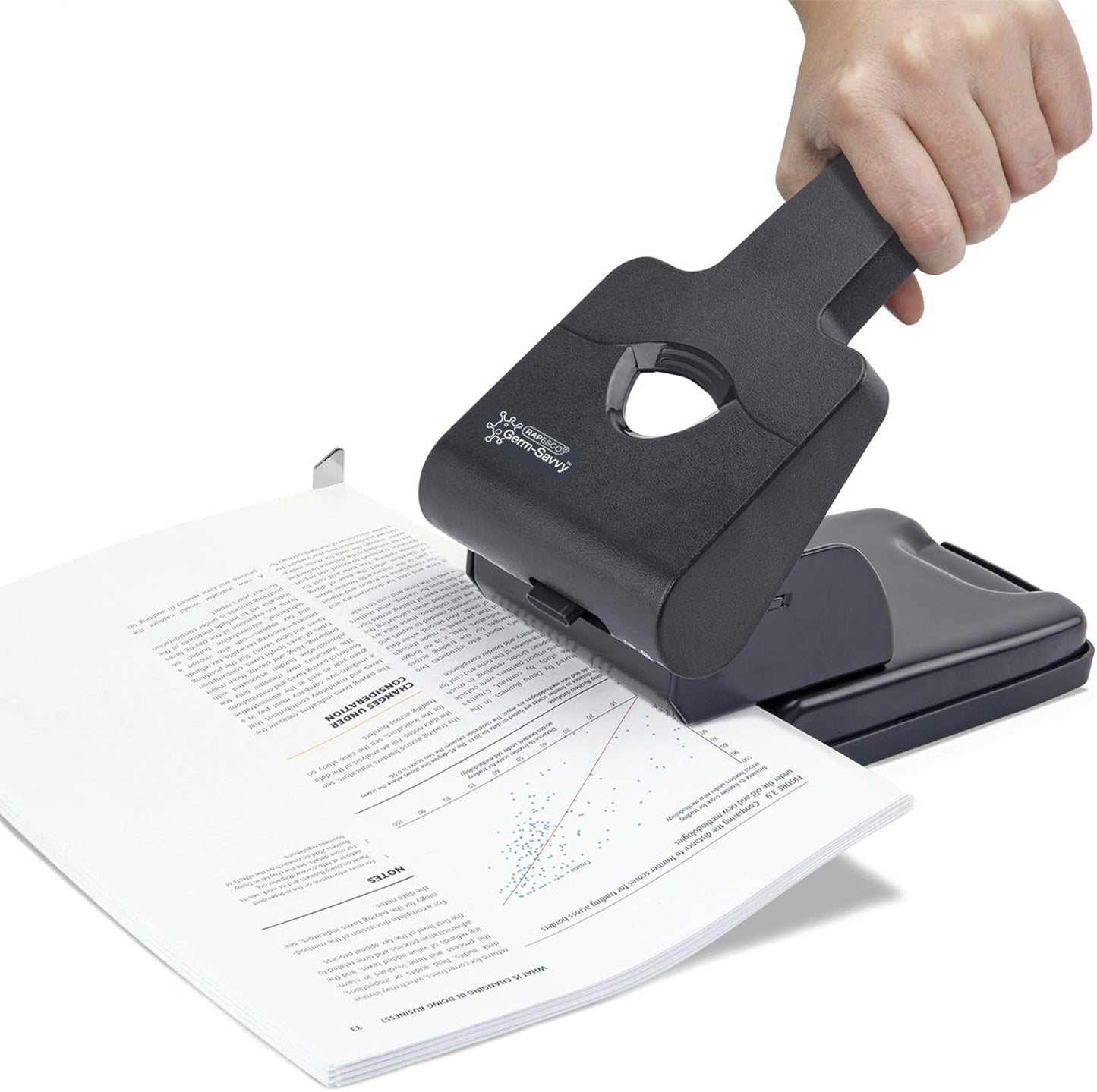 Rapesco 1631 Germ-Savvy Antibacterial HD865-P Heavy Duty 2-Hole Punch, Black