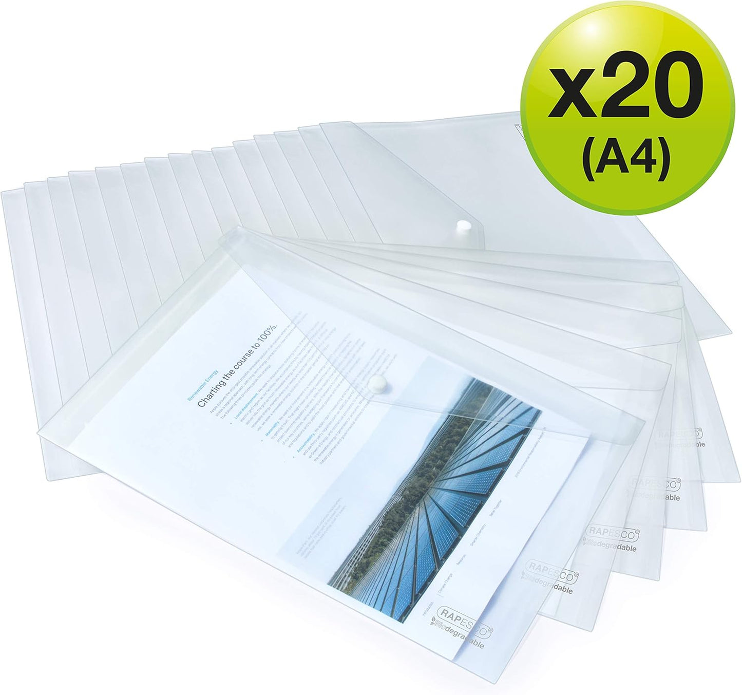 Rapesco 1587 ECO Popper Wallets, Foolscap / A4+, Clear Transparent, Pack of 20
