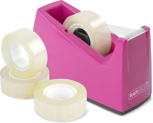Rapesco 1621 300 Tape Dispenser and 4 Tape Rolls, Hot Pink