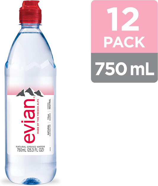 Evian Natural Mineral Water Sports Cap 75cl (PACK OF 12)