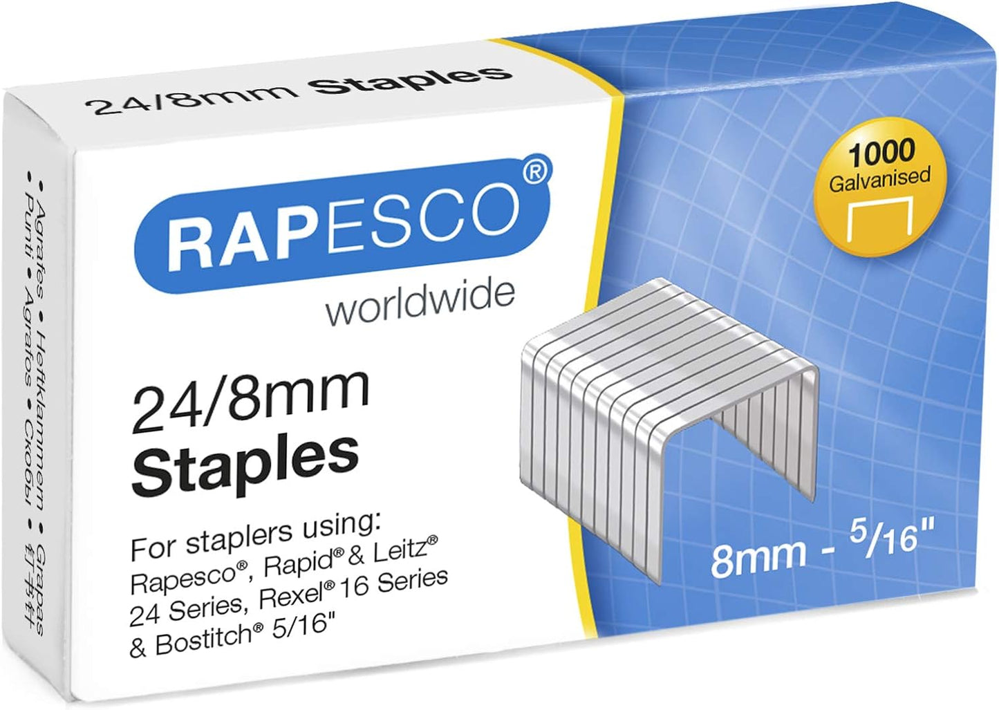 Rapesco 1456 24/8 mm Galvanised Staples, Pack of 1000