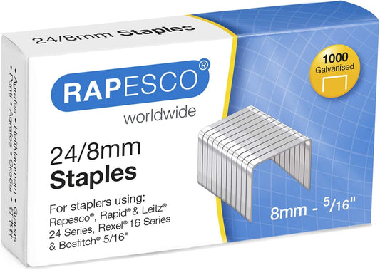 Rapesco 1456 24/8 mm Galvanised Staples, Pack of 1000