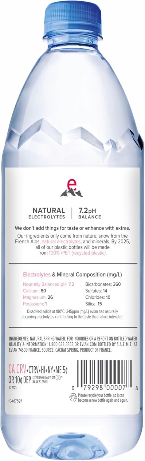 Evian Natural Spring Water, 1.0 Litre, 1000ml, 6-Count