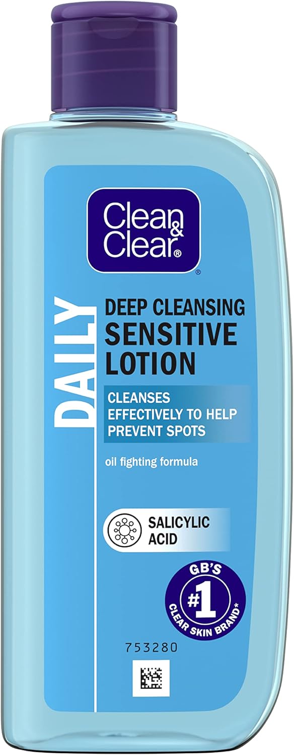 Clean & Clear Deep Cleansing Lotion for Sensitive Skin (1x 200ml), Clean and Clear Facial Cleanser with Salicylic Acid to Deeply Clean, Remove Dirt and Oil, Help Prevent Spots