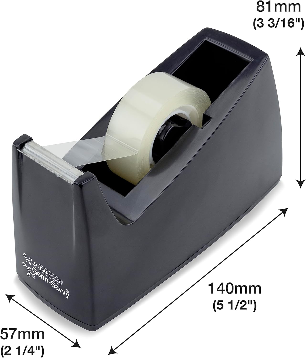 Rapesco 1741 Business Pack: 4 Germ-Savvy Antibacterial 300 Tape Dispensers and 4 Clear Tape Rolls, Black