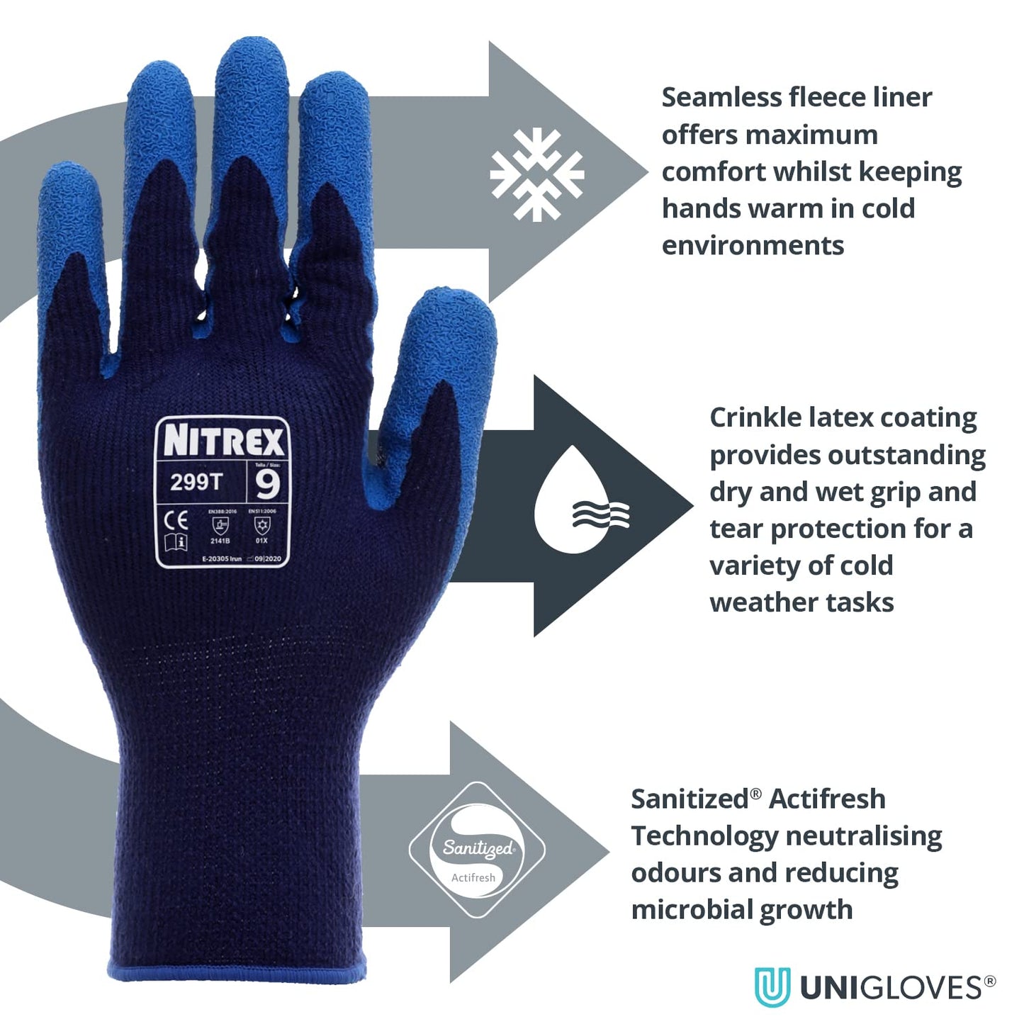 Nitrex 299T Work and Safety Gloves, Bag of 10 Pairs, Size 9 - Seamless Knitted Fleece Lined, Thermal Latex Coated, B Rated Cut Resistant Gloves