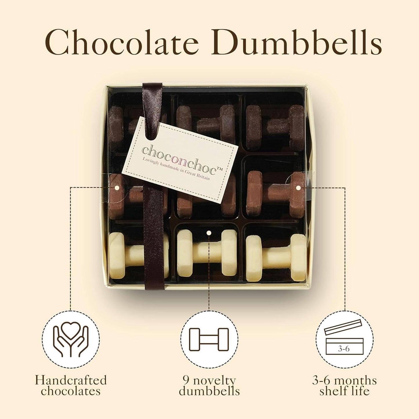 Choc On  Chocolate Dumbbells | Handmade Belgian White, Milk, and Dark Chocolate - 70g - Unique Gift Idea for Fitness Enthusiasts & Chocolate Lovers | Premium Quality Ingredients