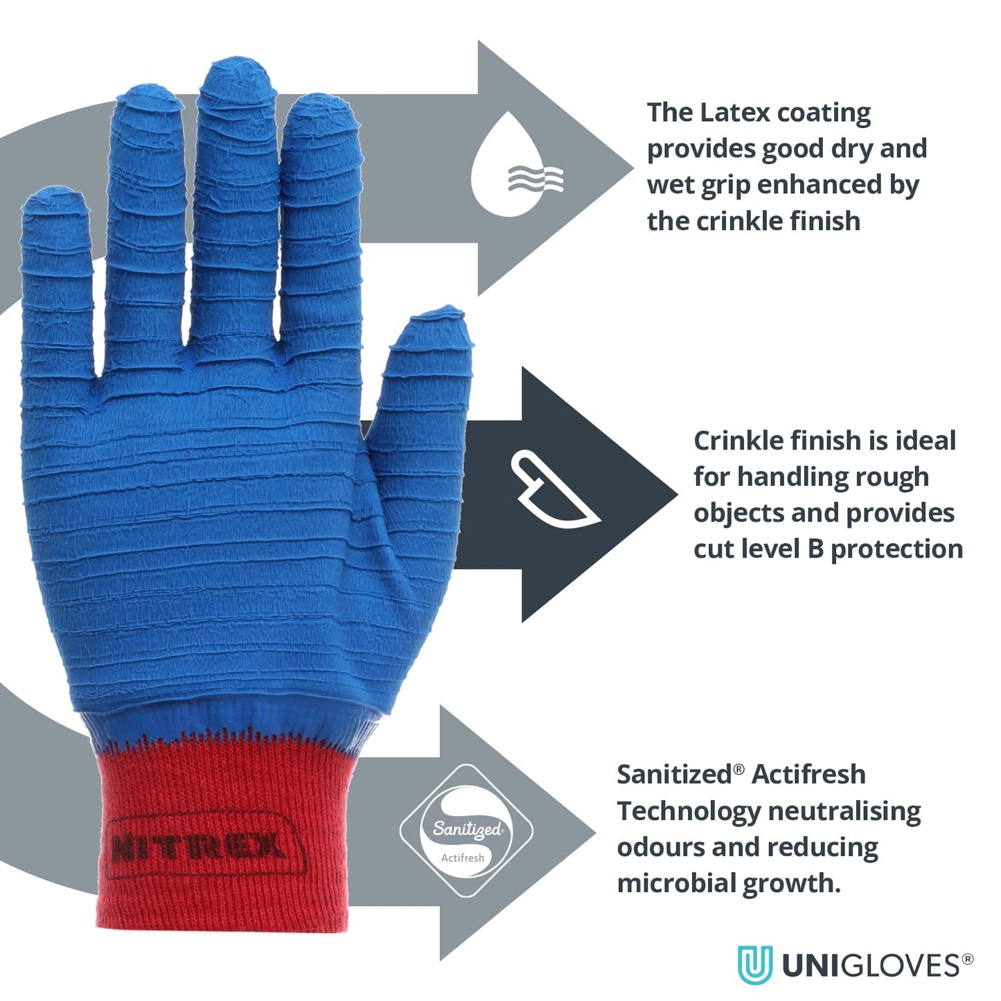 Nitrex 275BG Work and Safety Gloves, Bag of 10 Pairs, Size 8 - B Rated Cut Resistant Gloves with Full Latex Coating and Santized Odour Control