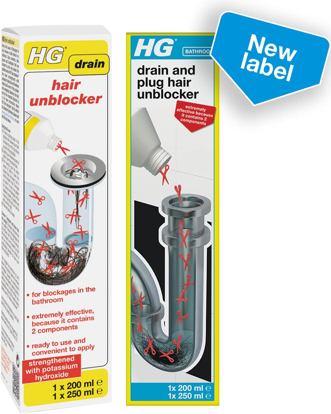 HG Drain and Plug Hair Unblocker, Removes Hair from Showers, Baths, Sinks & Plug Holes, Unblocks Blocked Bathroom Pipes & Drains Quickly & Easily (200 ml + 250 ml) - 667045106
