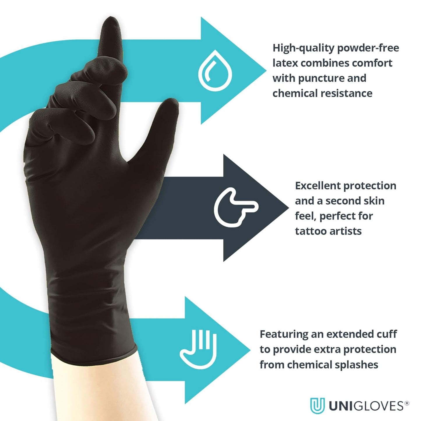 Unigloves Select Black Latex Extended Cuff GT0011 Single Use - Multipurpose, Powder Free Disposable Gloves, Optimised for Tattoo Artists, Box of 100 Gloves, Black, Extra Small Visit the UNIGLOVES Store