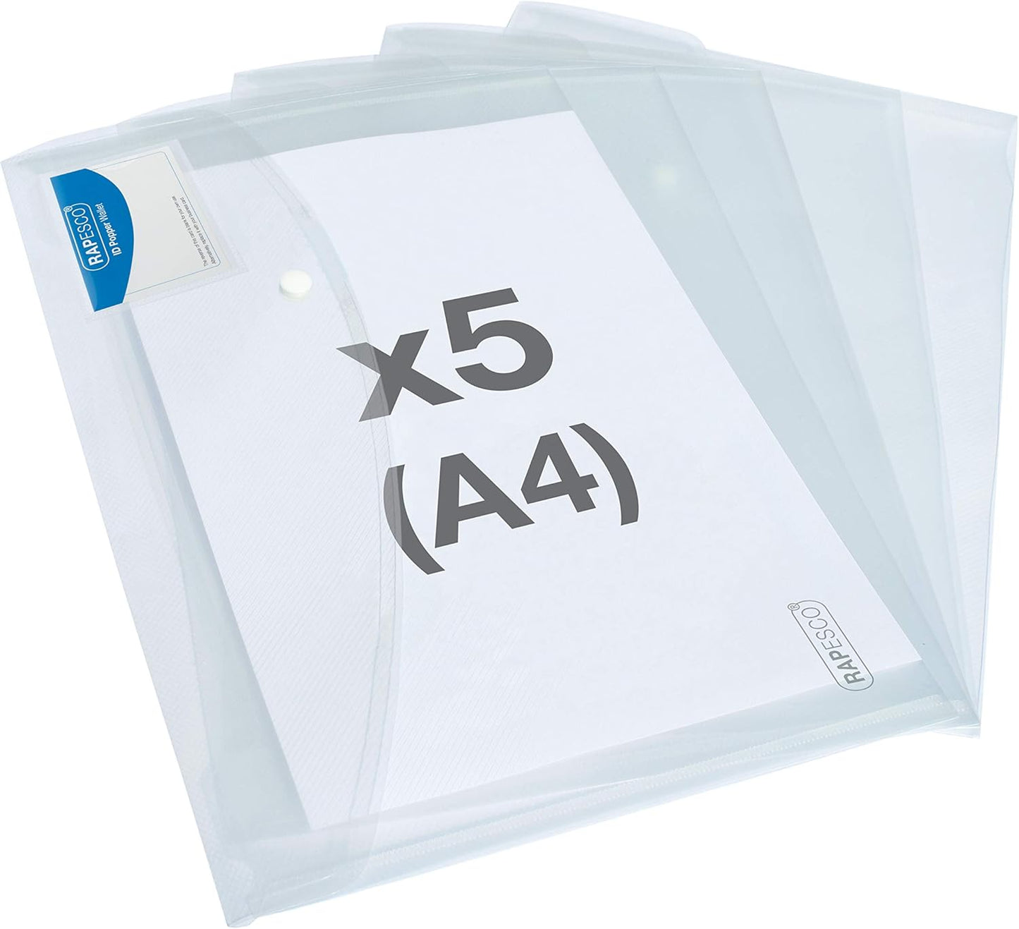 Rapesco 1629 ID Popper Wallet, A4+, Clear Transparent, Pack of 5