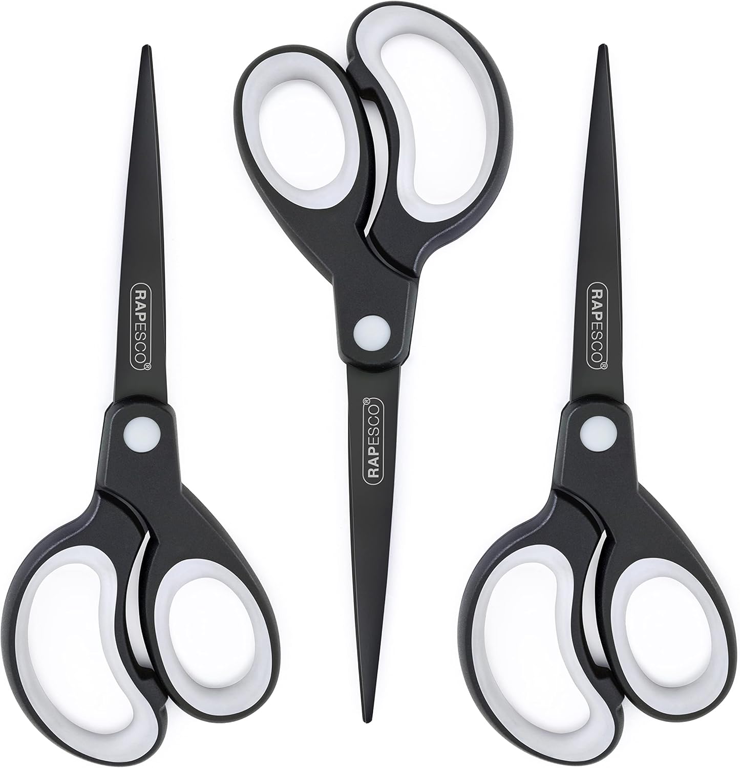 Rapesco 1597 Titanium Lightweight Soft Grip Paper Scissors, Black and Light Grey, Set of 3
