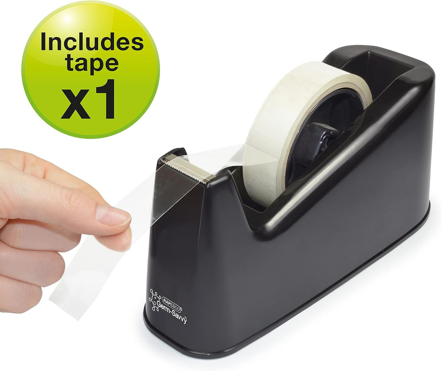 Rapesco 1695 Germ-Savvy Antibacterial, 500 Heavy Duty Tape Dispenser with 1 Clear Tape Roll, Black