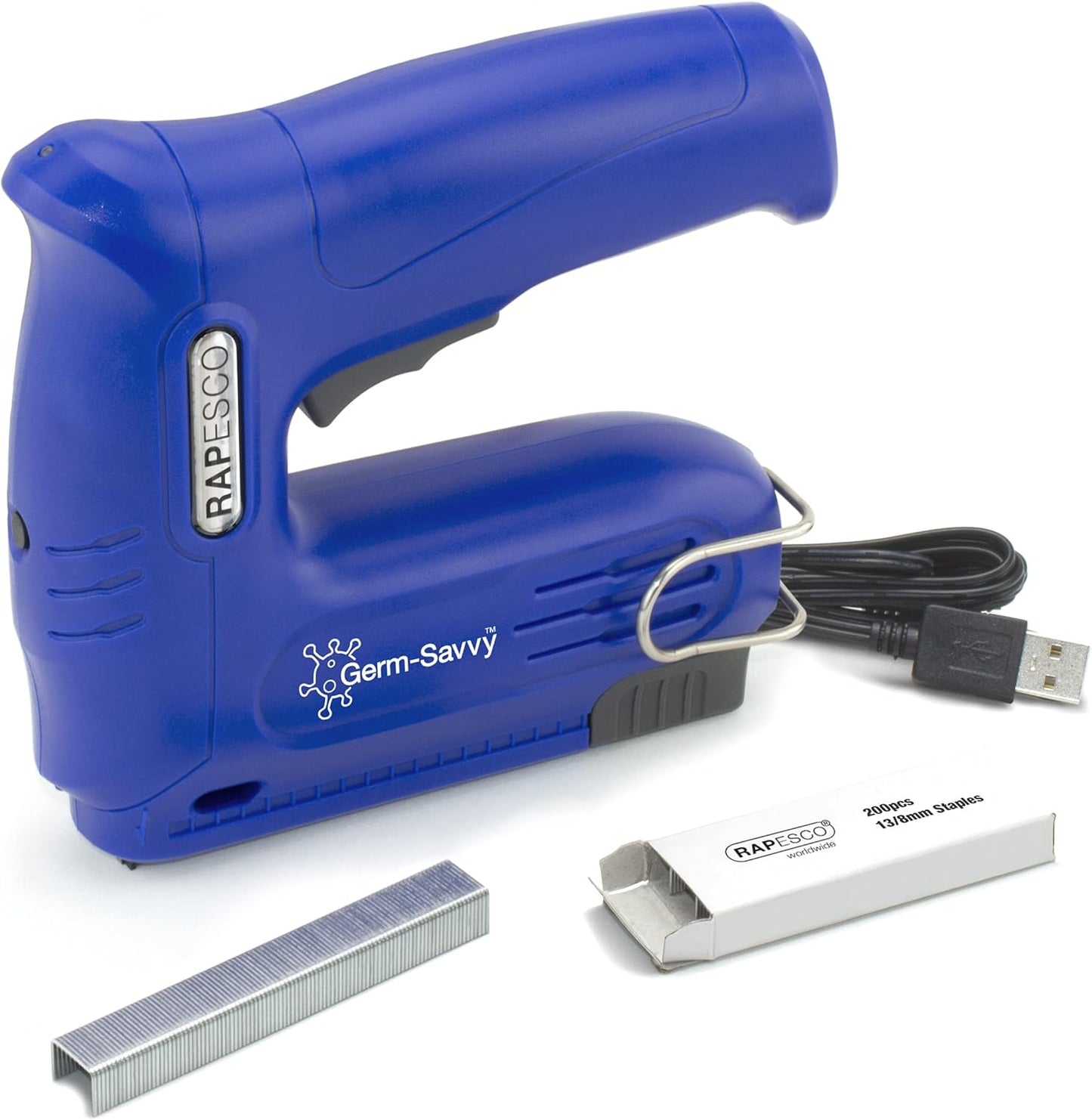 Rapesco 1634 Germ-Savvy Antibacterial, T12-USB Cordless Electric Staple Gun with Integrated 4V Lithium-Ion Battery, Blue