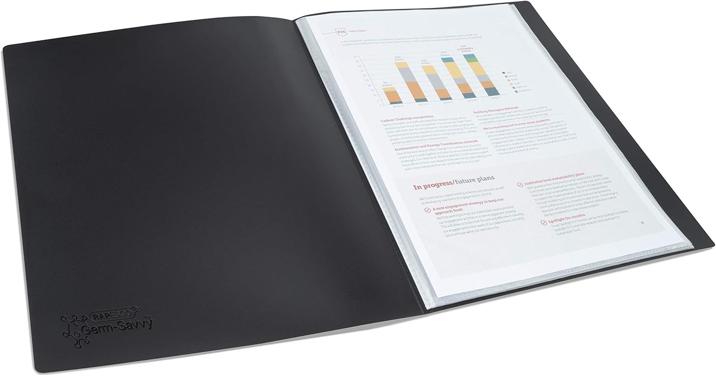 Rapesco 1643 Presentation Folder with Antibacterial Protection, 20 Pockets, A4, Black, Pack of 2