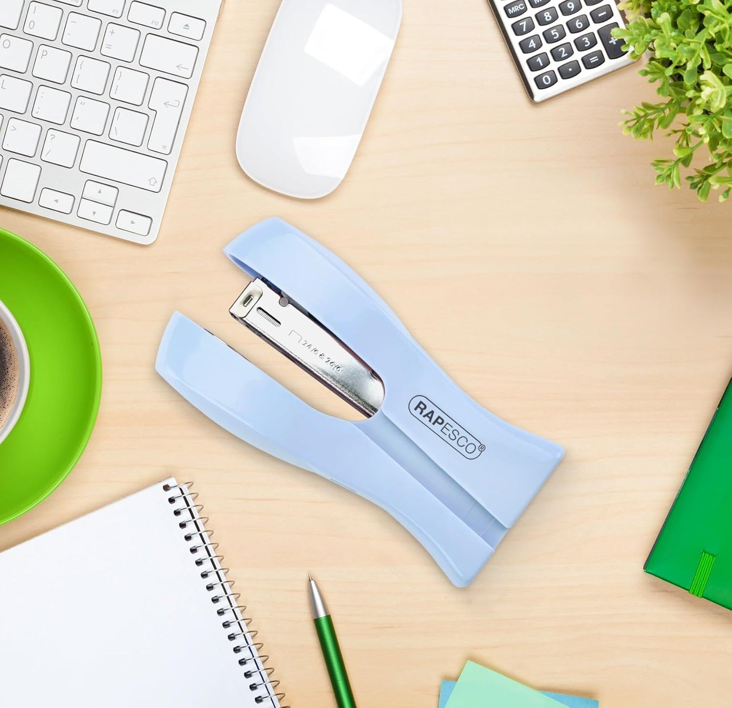Rapesco 1379 Stand Up/Space-Saving Stapler, 20 Sheet Capacity, Powder Blue