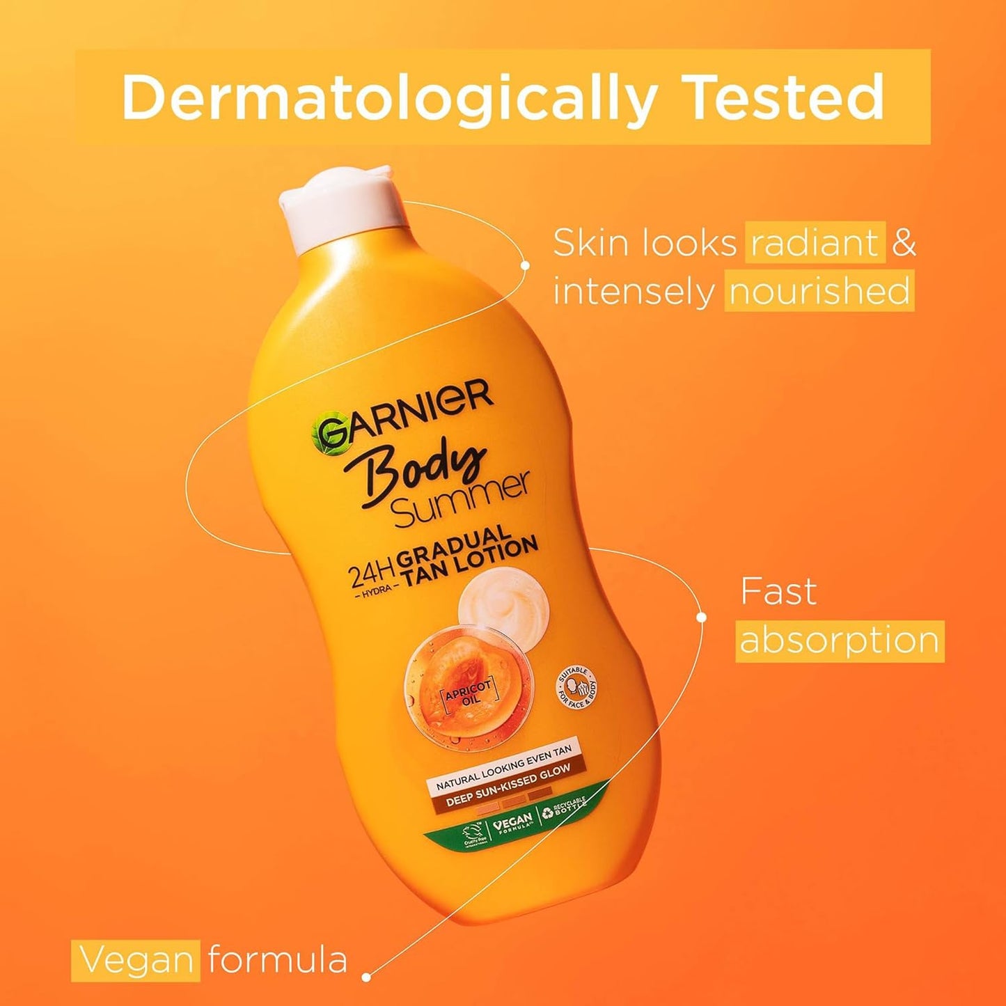 Garnier Summer Body Gradual Tan Moisturiser Deep, For A Radiant Sun Kissed Glow, Suitable For Face & Body, 24 Hour Hydration & A Natural Even Tan, Fast Absorption, Vegan Formula, 400ml
