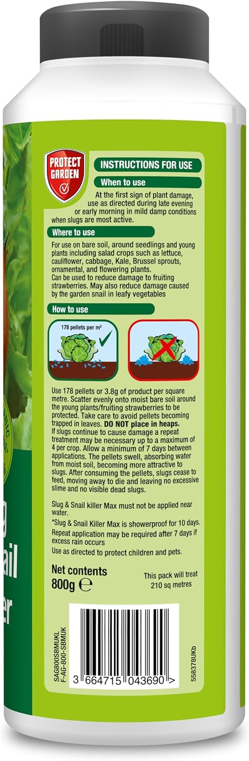 PROTECT GARDEN 86601082 Slug & Snail Killer Max, 800G - Powerful Slug Killer Pellets - for Protecting Ornamental Plants and Garden Vegetables - Snail Repellant - Approved for Organic Gardening