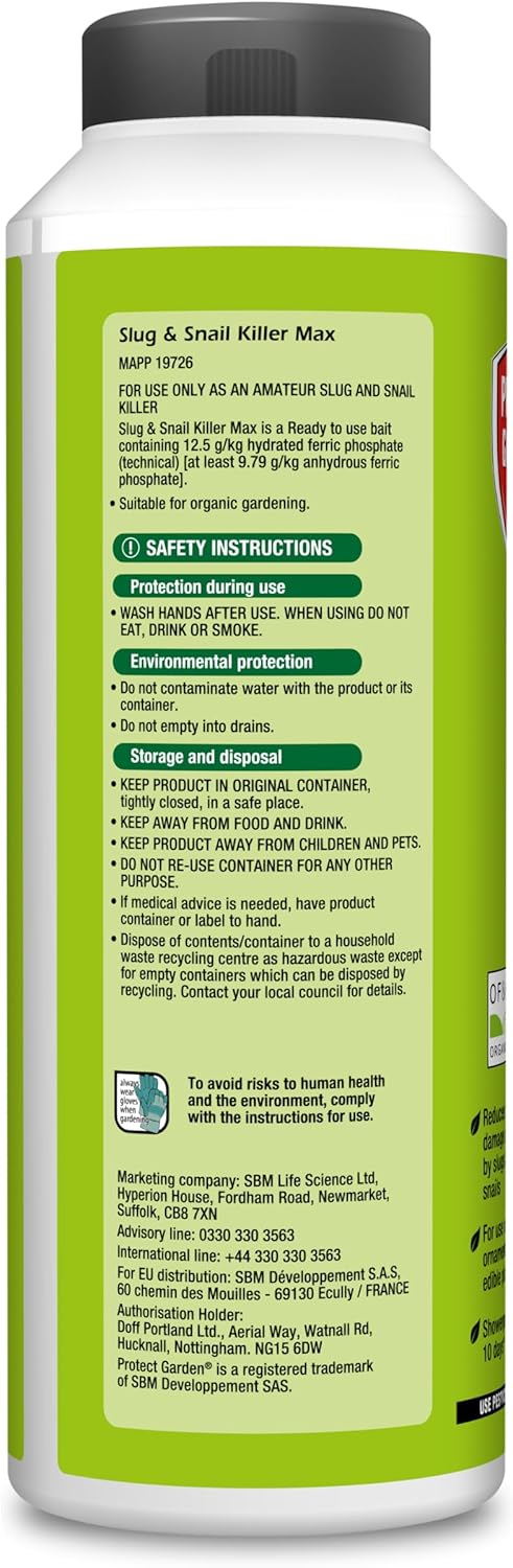 PROTECT GARDEN 86601082 Slug & Snail Killer Max, 800G - Powerful Slug Killer Pellets - for Protecting Ornamental Plants and Garden Vegetables - Snail Repellant - Approved for Organic Gardening