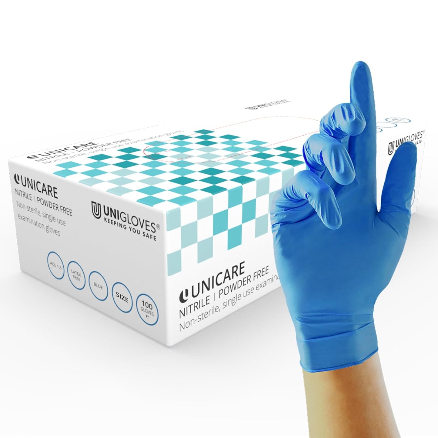 Unigloves Unicare Nitrile Examination Gloves - Multipurpose, Powder Free, Medical Grade Disposable Gloves - Box of 100 Gloves, Blue, Extra Small (GS0031)