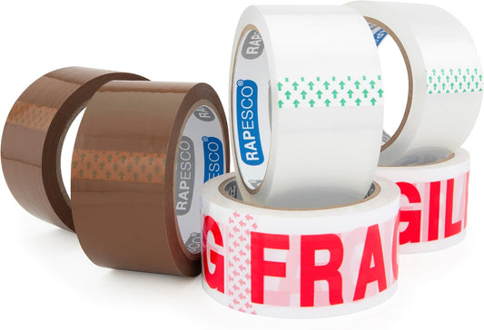 Rapesco 1687 Packing Tape Rolls Variety Pack, 50 mm Wide, Pack of 6 Tape Rolls, 2 x Brown, 2 x Clear, 2 x “Fragile”