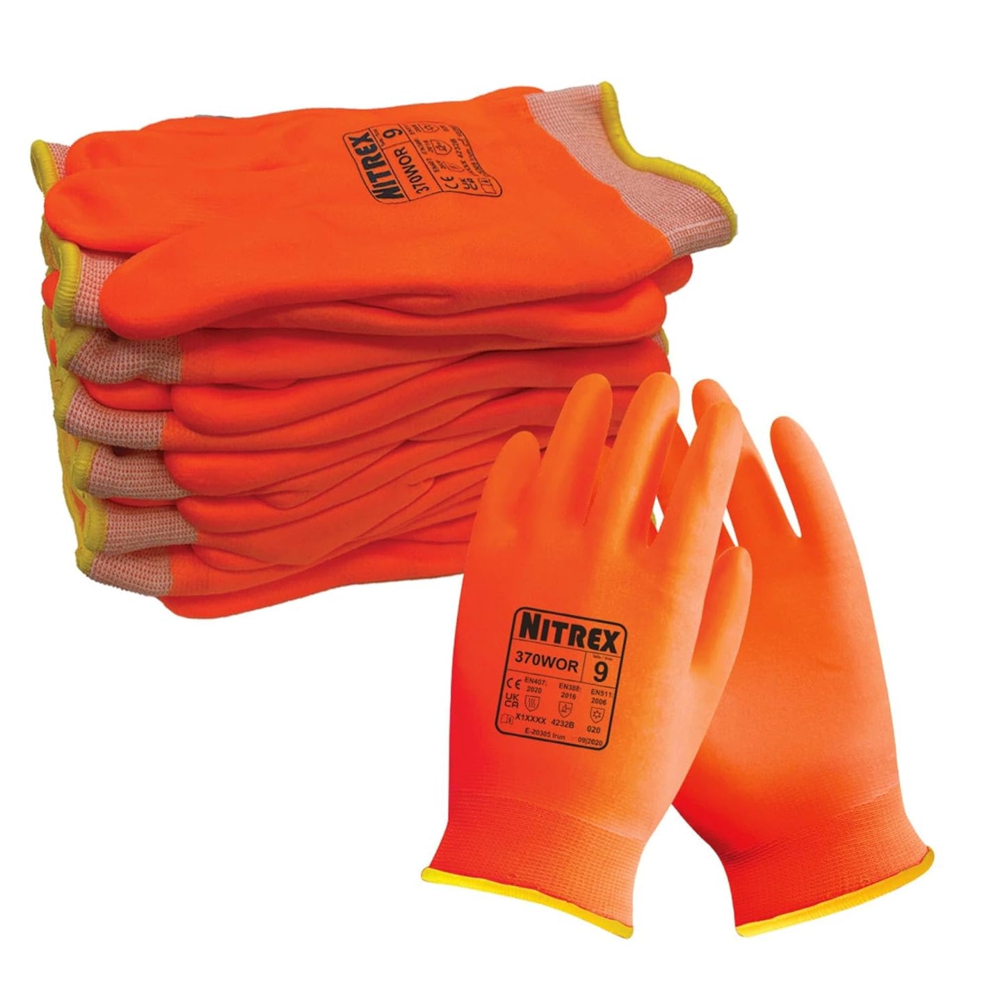 NITREX 370WOR Thermal Work Gloves, Wet and Dry Grip, High Visibility, Maximum Abrasion Resistance, Cut Protection Level B, Orange, Size 11