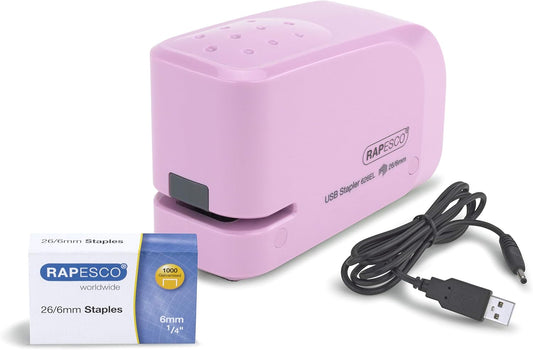 Rapesco 1451 626EL Automatic USB/Battery Stapler with 1000 26/6mm Staples, 15 Sheet Capacity, Candy Pink