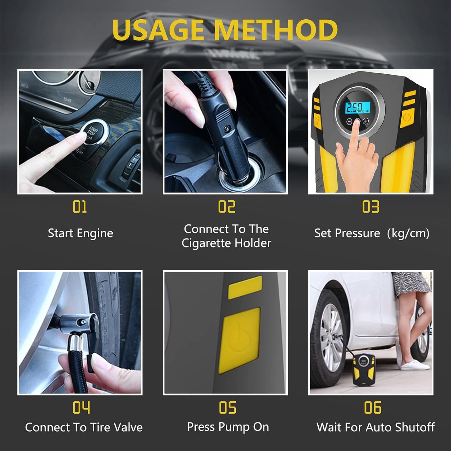 SYTUNG Digital Tyre Inflator, Portable Air Compressor Car Tyre Pump with 3 Nozzle Adaptors and Digital LED Light, 12V Rapid Tyre Inflator Air Compressor for Car Tires and Other Inflatables