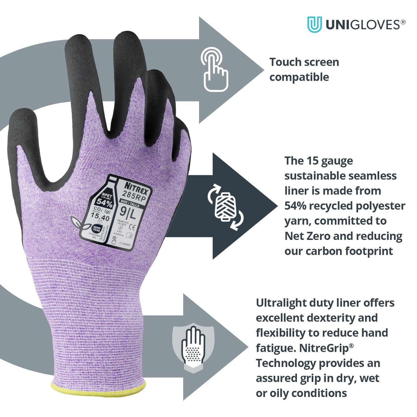 NITREX 285RP 5 Pairs of Work Safety Gloves with NitreGrip® Technology, Sandy Nitrile Palm Coated, Touchscreen Gloves, Size 6, Extra Small
