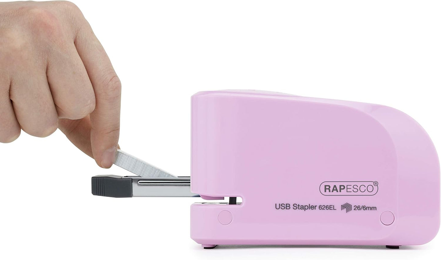 Rapesco 1451 626EL Automatic USB/Battery Stapler with 1000 26/6mm Staples, 15 Sheet Capacity, Candy Pink