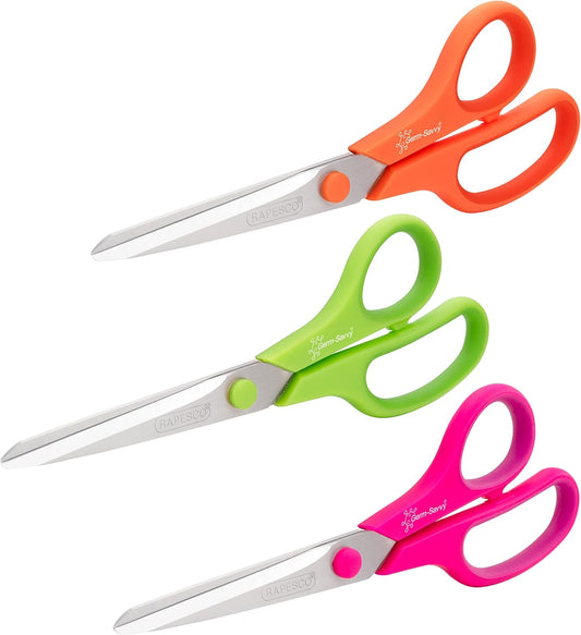 Rapesco 1667 Germ-Savvy Antibacterial, 21 cm Titanium Blade Soft Grip Handle Scissors, Assorted Colours, Pack of 3