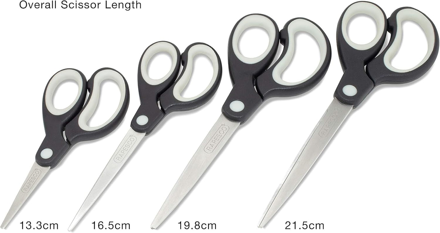 Rapesco 1574 Soft Grip Handle Scissors, Black/Light Grey, Set of 4