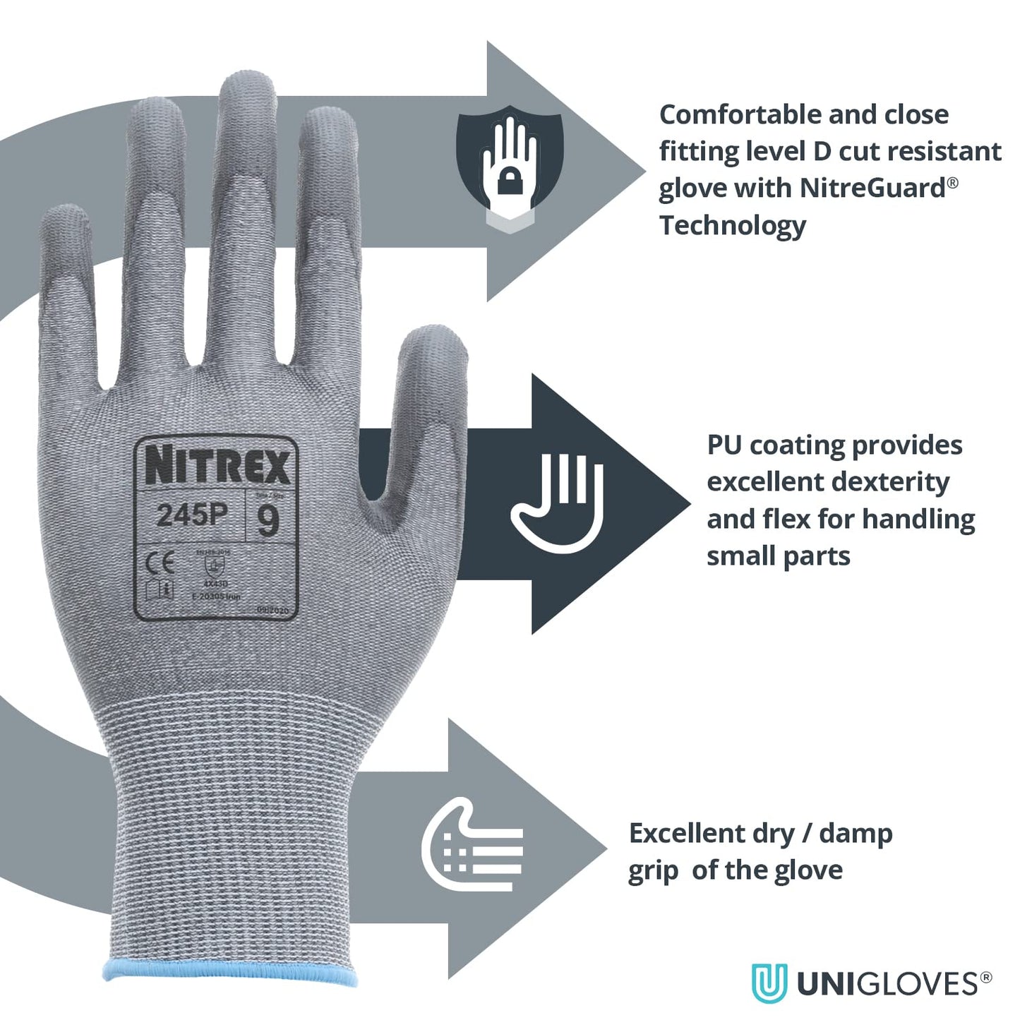 Nitrex 245P Work and Safety Gloves, Bag of 10 Pairs, Size 7 - D Rated Cut Resistant Gloves with PU Palm Coating