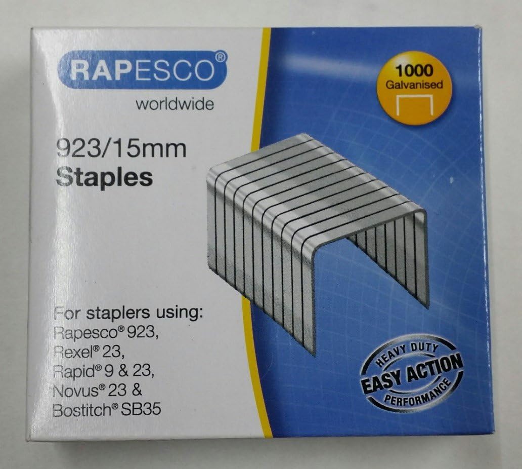 Rapesco 1239 923/15mm Galvanised Staples, Type 23, Box of 1000
