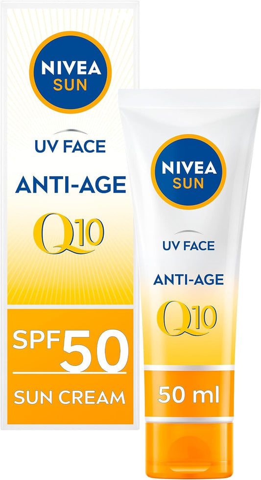 NIVEA UV Face SPF50 Q10 Anti-Age & Anti-Pigment 0% White Residue (50ml), Q10 Face Sun Cream, Anti-Ageing Cream Protects Against UVA/UVB Rays & Premature Skin Ageing