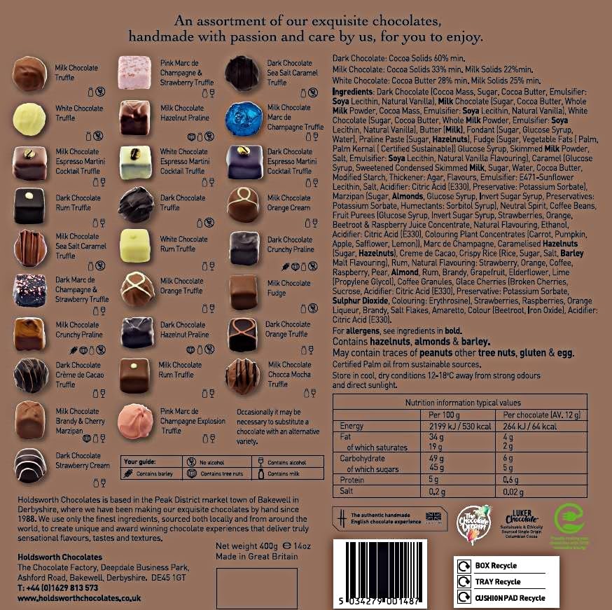 Holdsworth Chocolates Classics - The Theobroma Collection, an Impressive Assortment of Handmade Truffles Creams, Pralines and Caramels all Coasted with Milk, Dark or White Chocolate 400g