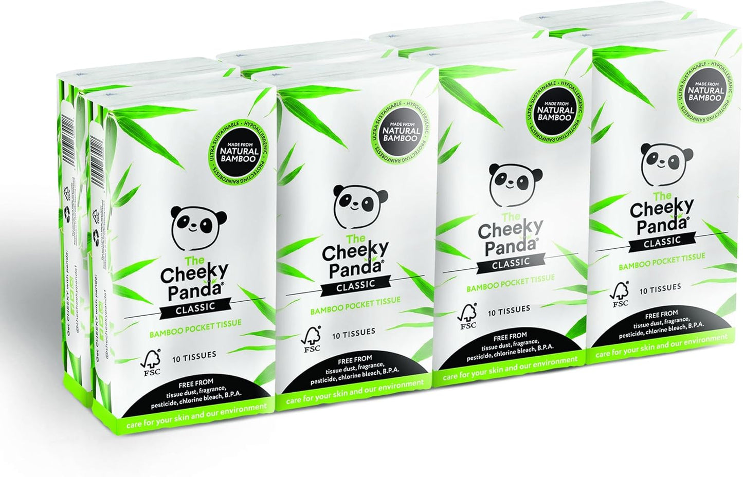 The Cheeky Panda Bamboo Pocket Tissues, 8 Pack of 10 Hypoallergenic Tissues, Ultra Soft, 3-Ply, White, Travel Size