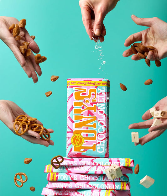 Tony's Chocolonely Everything Bar - Milk Chocolate, Crunchy Caramel, Almonds, Pretzel, Nougat and Sea Salt - 180g, Fairtrade