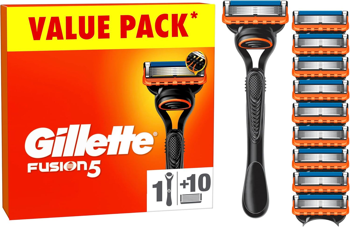 Gillette Fusion5 Razor for Men, 1 Gillette Razor, 10 Razor Blade Refills, with Lubrastrip for a Close Shave