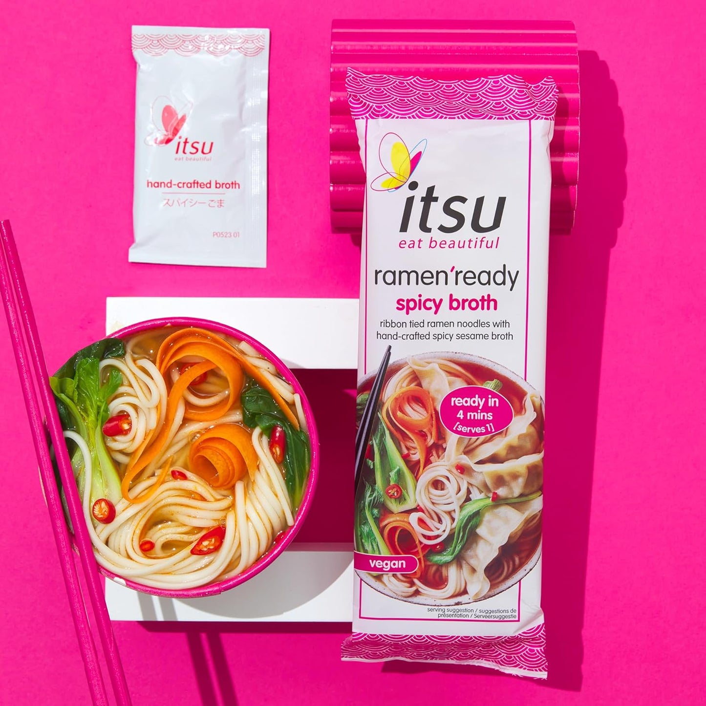 itsu Ramen Ready Noodles with Spicy Broth - Ribbon Tied Ramen Noodles from Japan in Spicy Broth - Multipack (6 Pack x 86g)