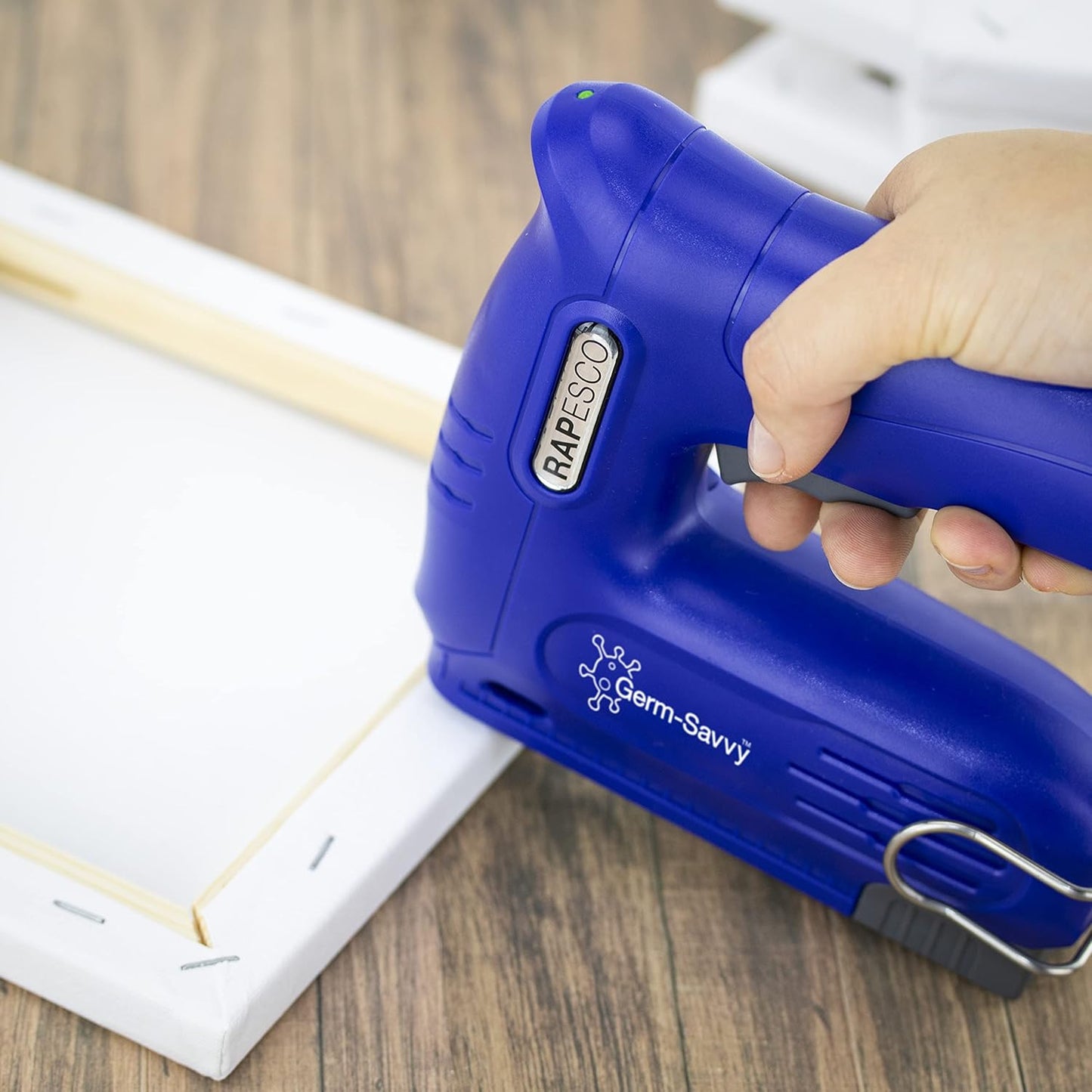 Rapesco 1634 Germ-Savvy Antibacterial, T12-USB Cordless Electric Staple Gun with Integrated 4V Lithium-Ion Battery, Blue