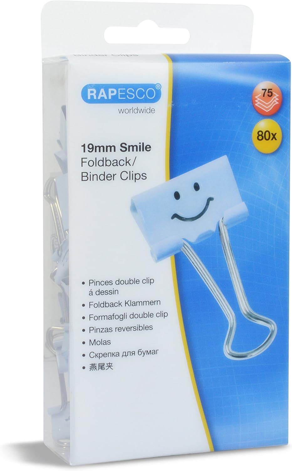 Rapesco 1424 19 mm Smiles Foldback Clips, Powder Blue, Pack of 80