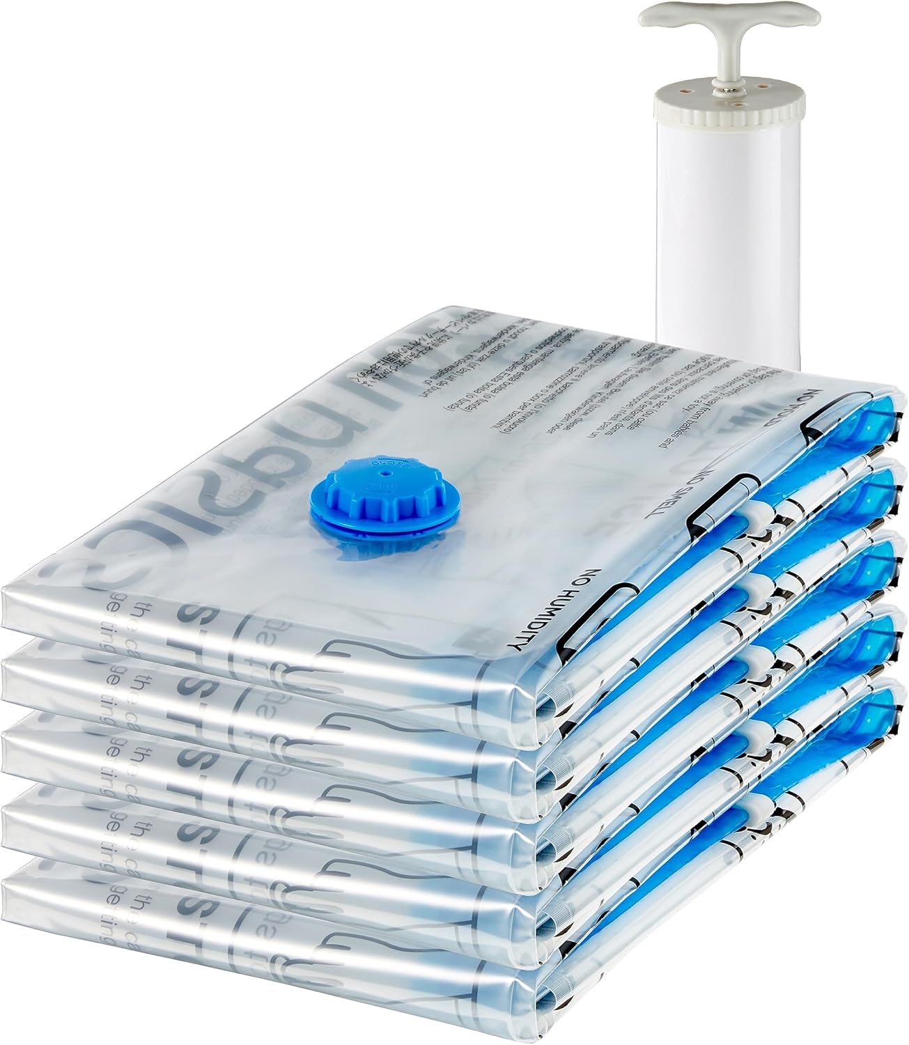 Amazon Basics Vacuum Compression Zipper Storage Bags with Airtight Valve and Hand Pump, Large, 5-Pack, Clear