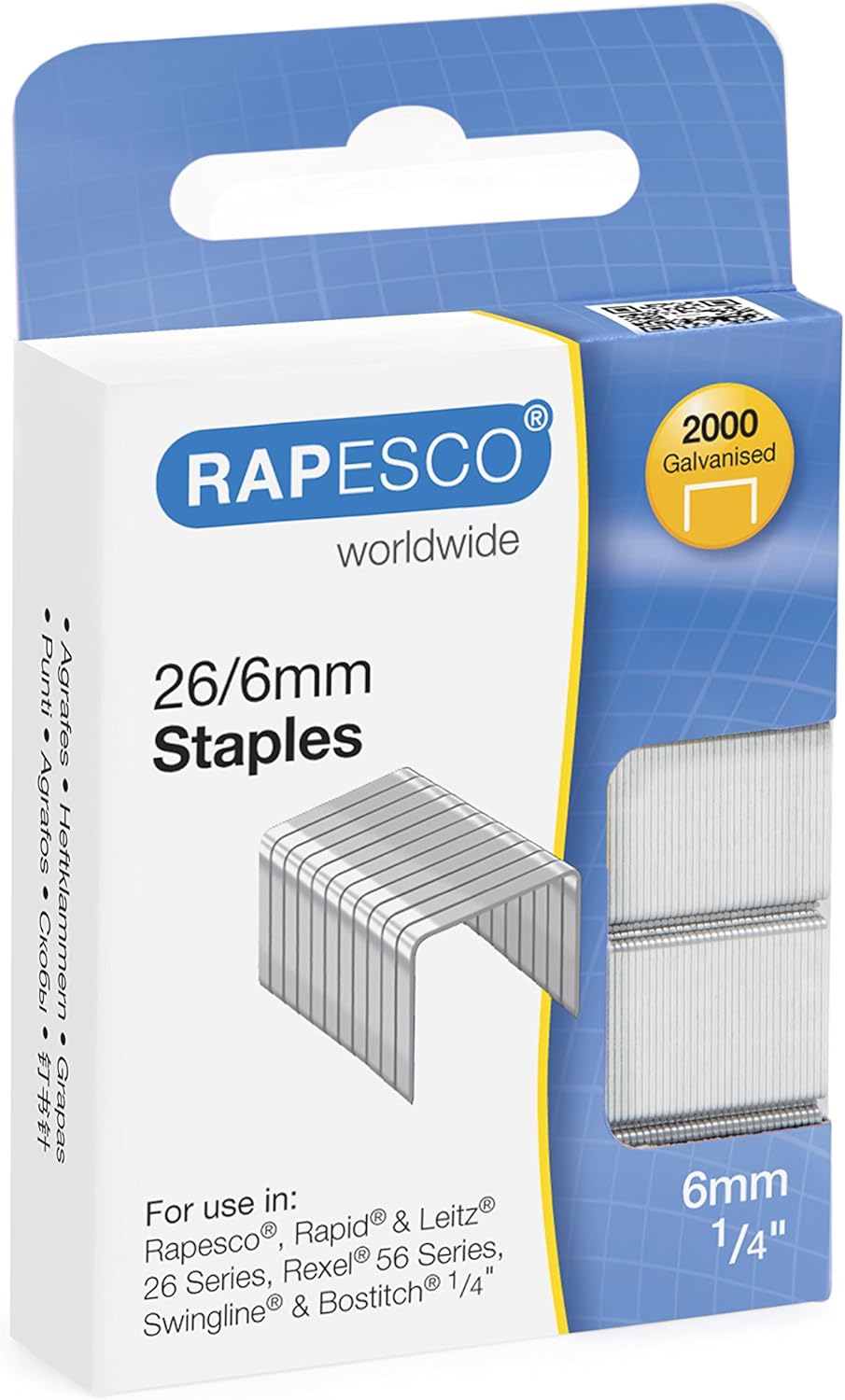 Rapesco S2662MA3 26/6mm (No.56) Galvanised Staples, Box of 2000