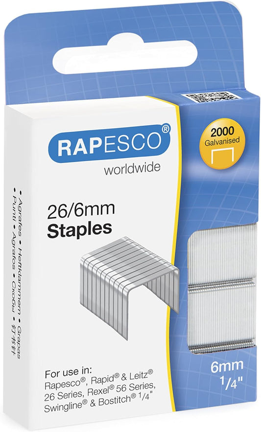 Rapesco S2662MA3 26/6mm (No.56) Galvanised Staples, Box of 2000