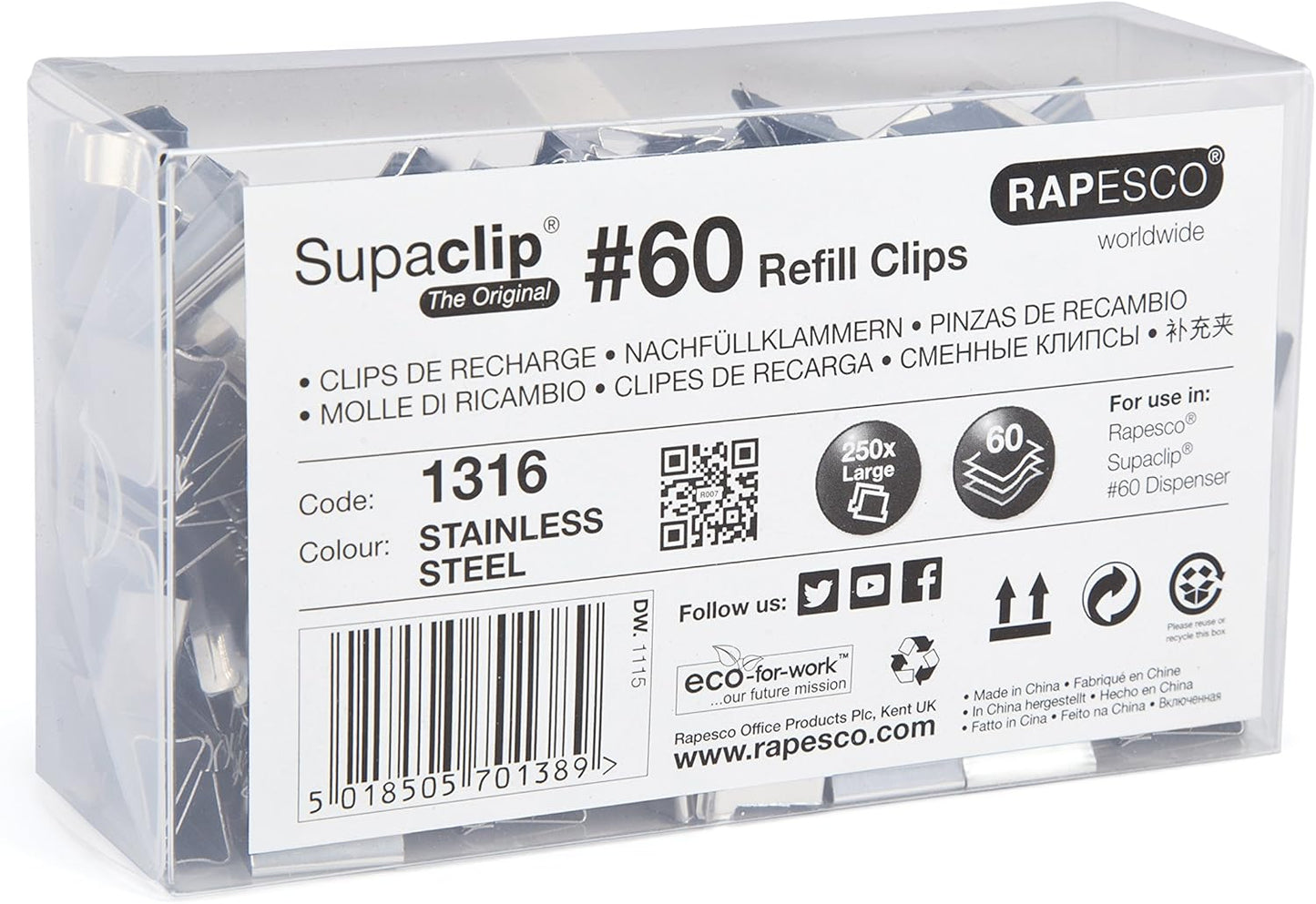 Rapesco 1316 Supaclip 60 Bulk Pack Stainless Steel Refill Clips, Pack of 250